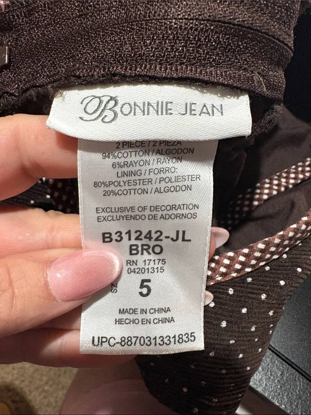 Bonnie Jean Brown Corduroy Polka Dot Turkey Appliqué Dress size 5